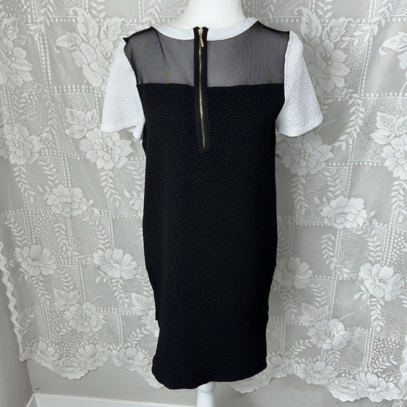 Kensie Colorblock Shift Short Sleeve Retro Skater Textured Dot Sheath Dress - Picture 7 of 10